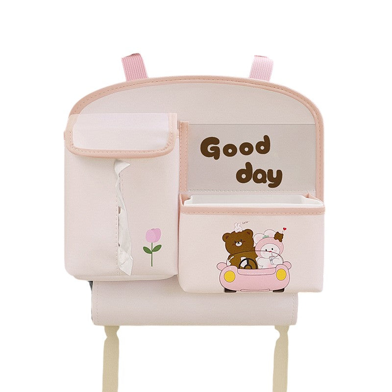 Geanta Multifunctionala de Depozitare pentru Bancheta din Spate a Masinii, Animat, Model Ursuleti, Scris Good Day, Suport Servetele si Telefon, 25x31 cm