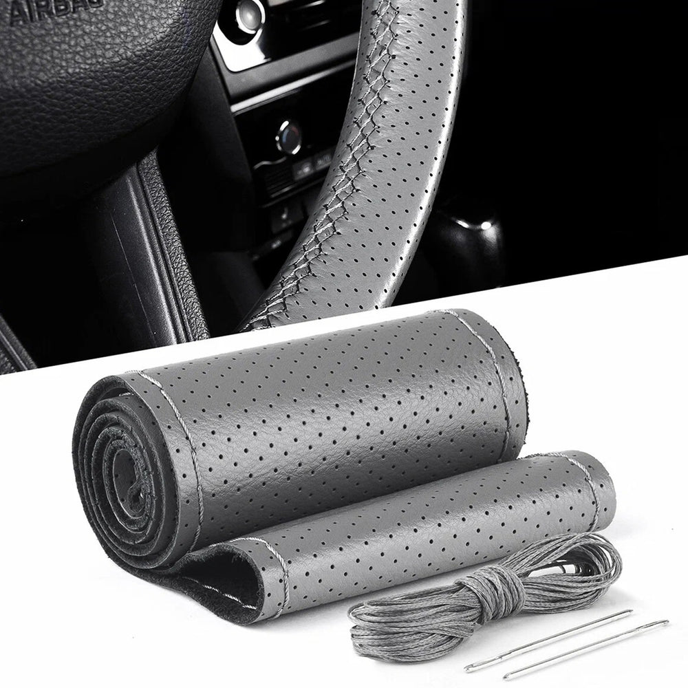 Husa volan din PIELE GRI + ATA GRI, diametru 37 - 39 cm (se coase, aspect ORIGINAL)