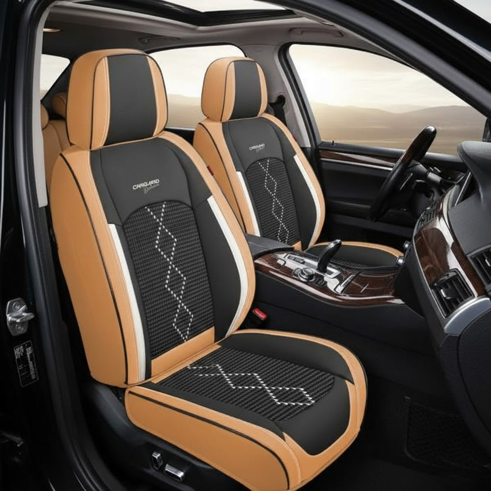 Huse scaune auto premium 5 locuri Deluxe piele ecologică perforată și textil - maro caramel