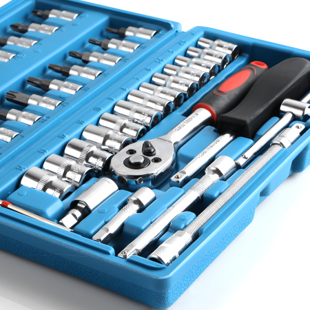 Trusa Scule Auto  Moto 46 Piese, Chei Tubulare 1 4  , Antrenor cu Clichet Reversibil, Prelungitor Flexibil si Bituri, Cutie Organizator